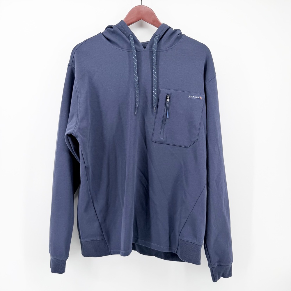 Salt Life Large L Gaffer Performance Hoodie Blue SLX Fleece Tech Pocket Fishing